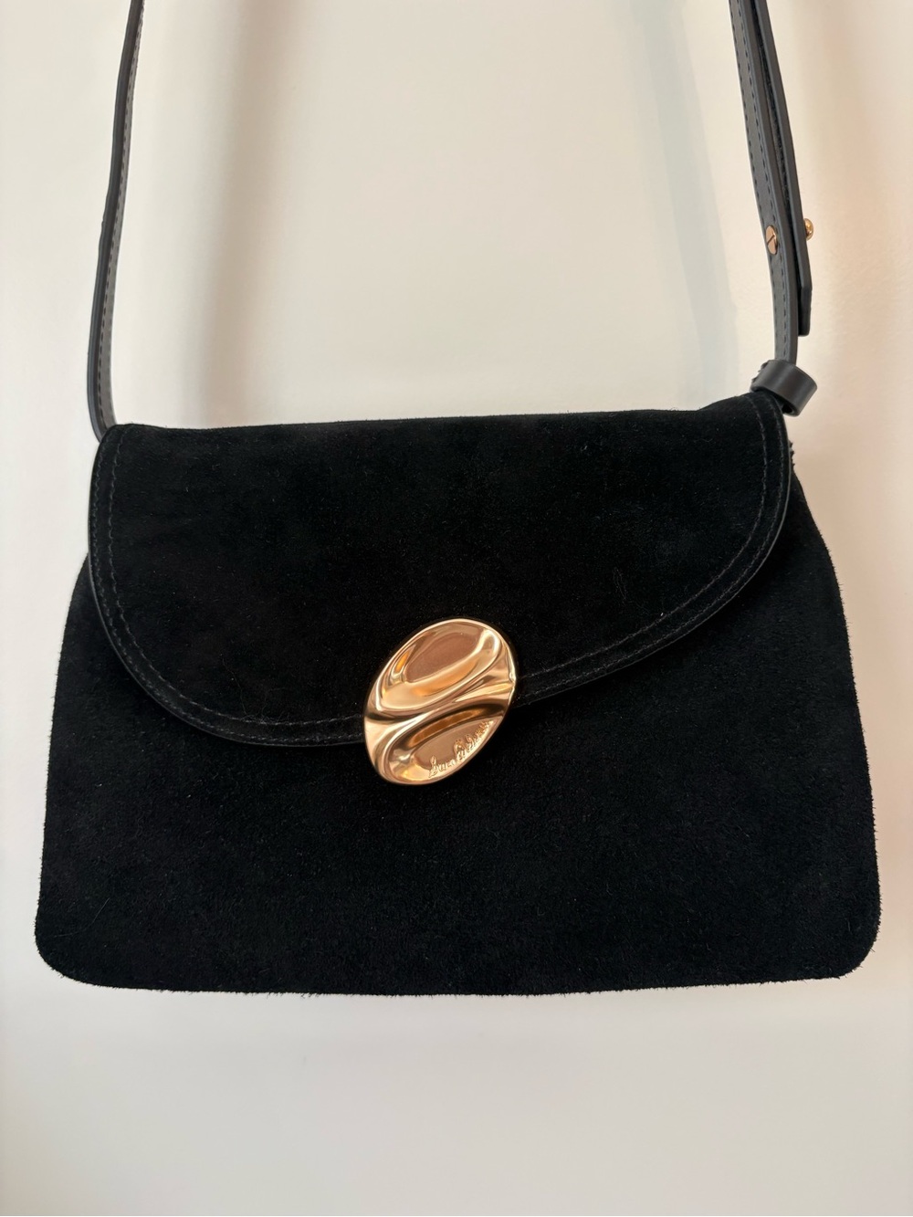 Sam Edelman Black Suede Shoulder Bag Gold Hardware Adjustable Strap - Picture 2 of 11